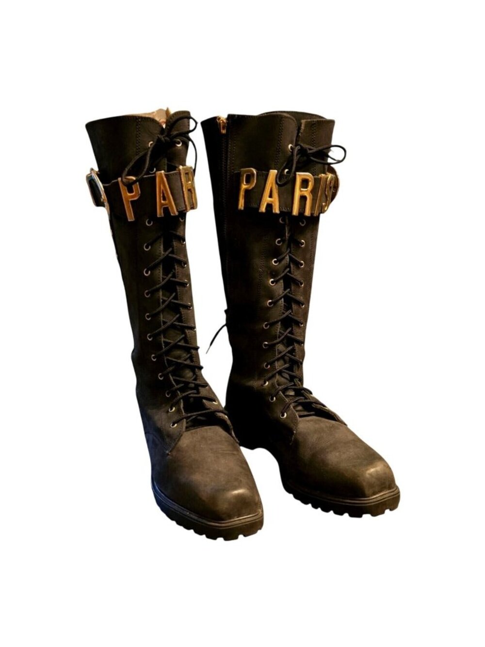 Leather Combat Boots Sz 9.5 Gold PARIS Buckle Laced Lug Customized Military Zip